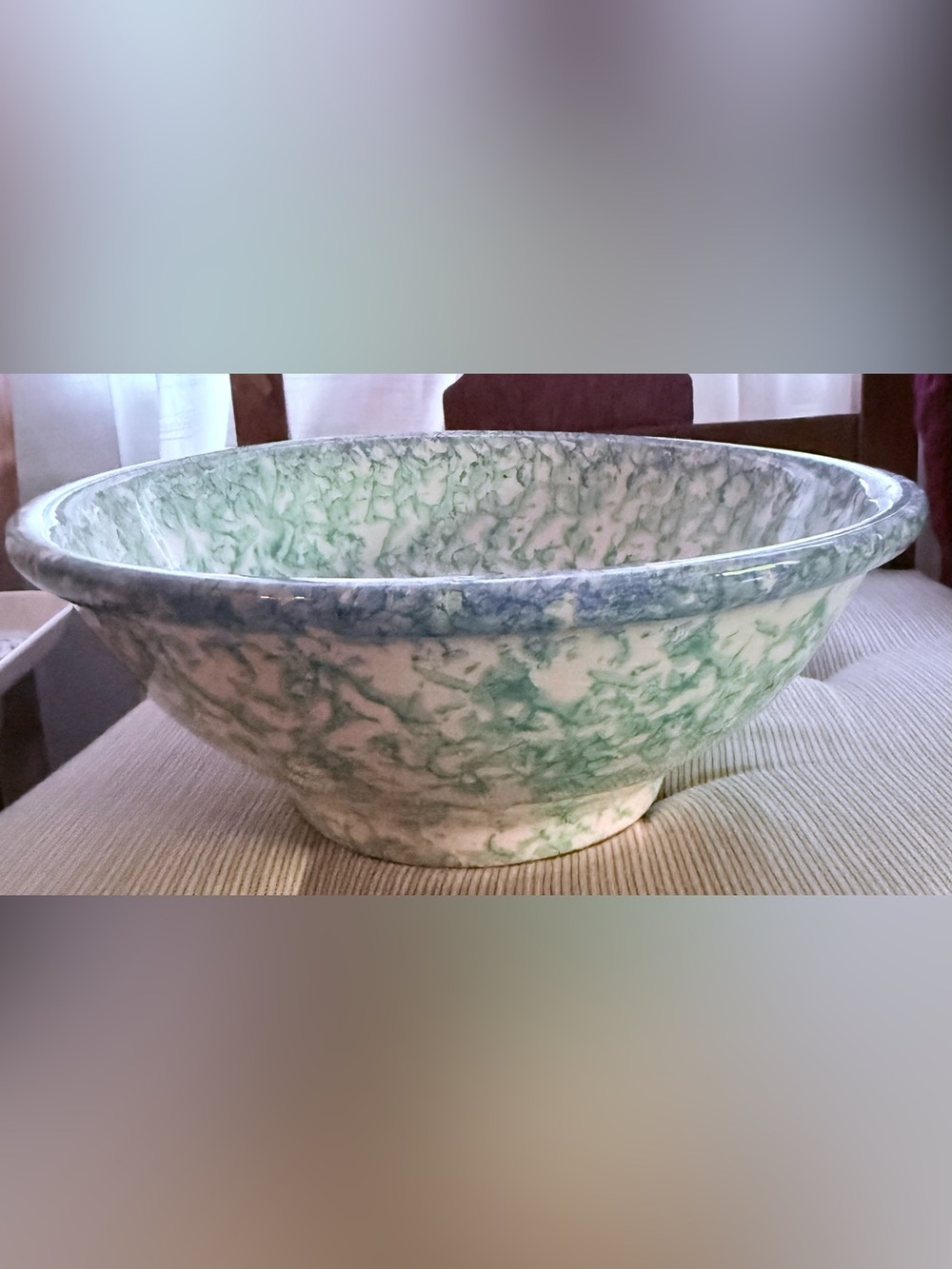 Italian Handpainted Green Blue White Sponge Art Ceramic Vintage Serving Bowl